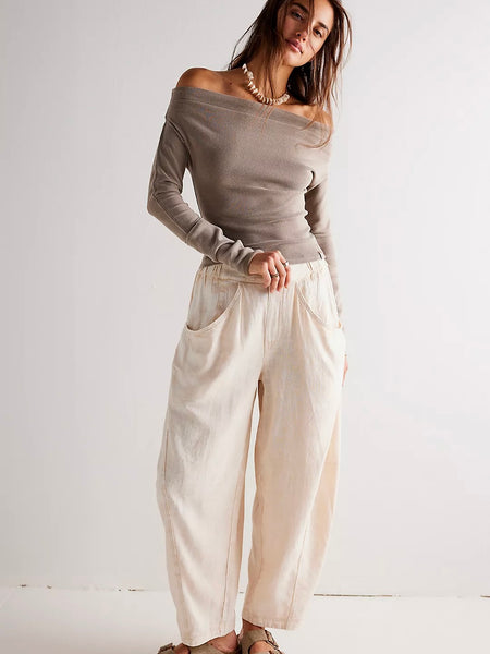 Free People High Road Washed Pull-On Barrel Pants - Tan