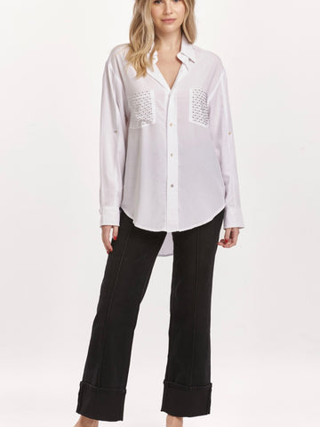 Lola Studded Button Up Top - White