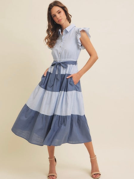 Midi Dress With Ruffle Details - Blue Multi