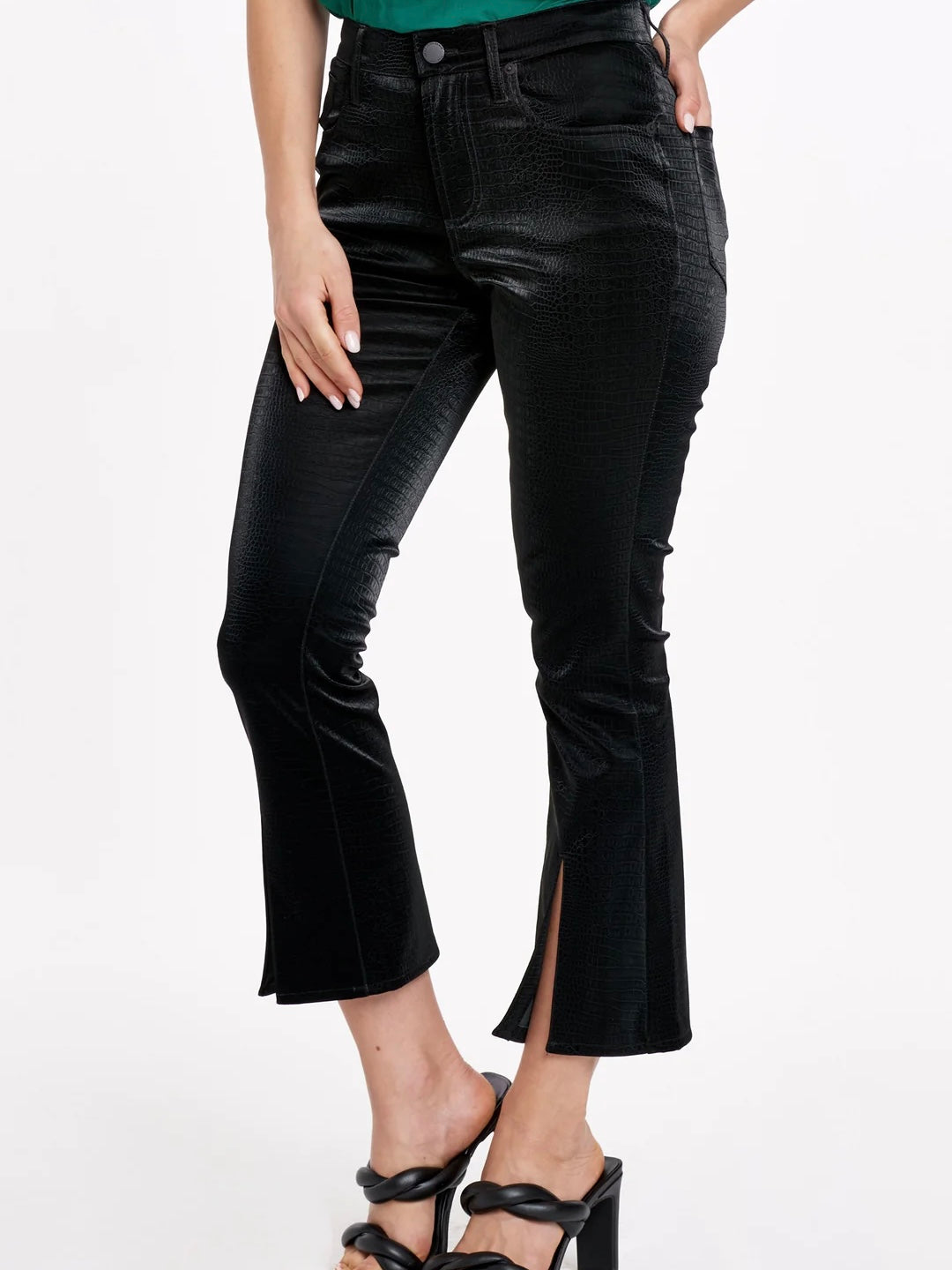Jeanne Super High Rise Cropped Flare Pants Black Embossed