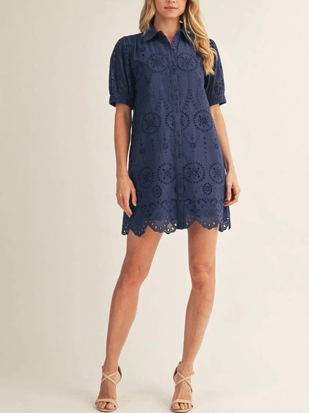 Short Sleeve Button Down Eyelet Pattern Dress- Navy