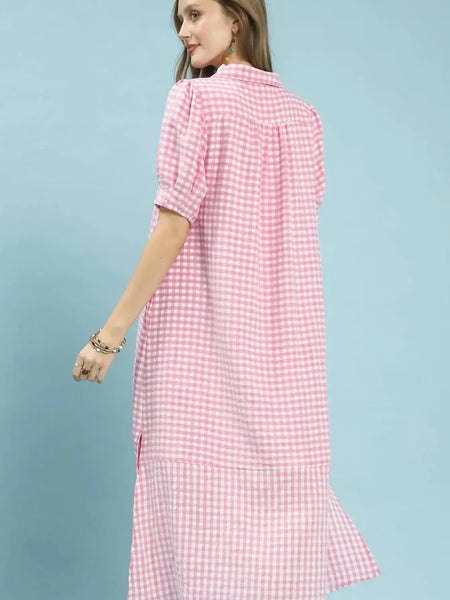 Gingham Check Midi Dress- Pink
