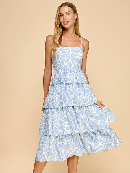 Animal Printed Tiered Dress - Blue