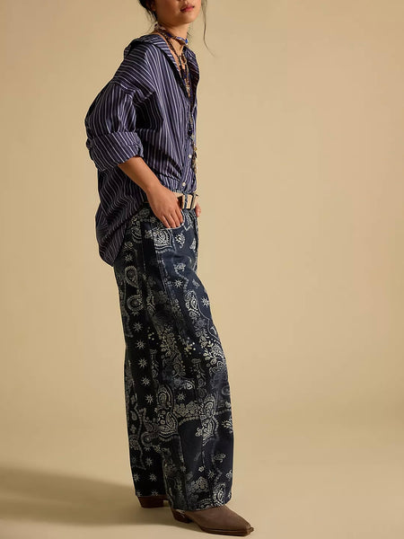 Free People Good Luck Printed Barrel Jeans - Navy Bandana