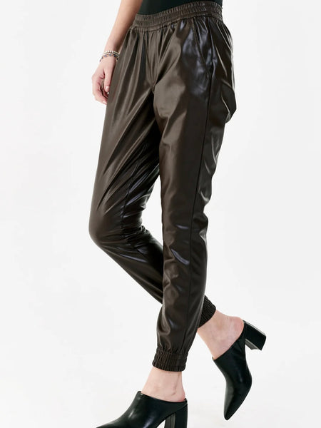 Jacey Super High Rise Cropped Jogger Pants Coffee Vegan Leather Brown