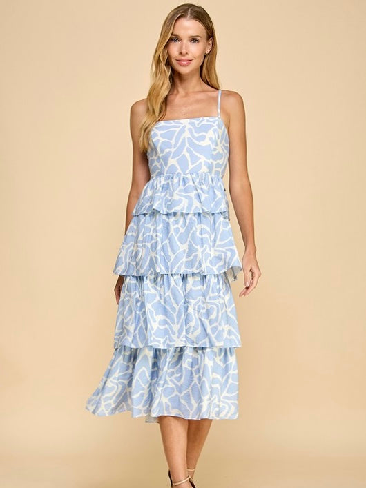 Animal Printed Tiered Dress - Blue