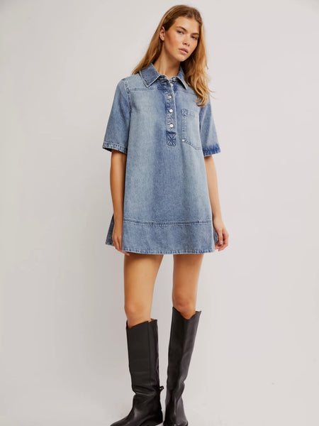 Free People Remino Denim Mini Dress - Ocean Blue