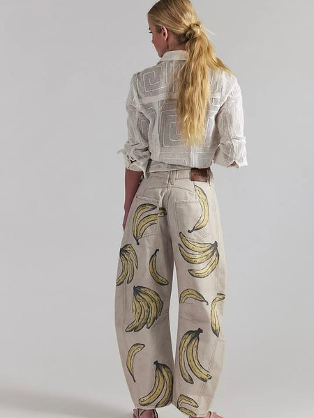 We The Free Good Luck Printed Barrel Jeans- Go Bananas