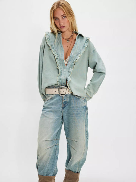 Free People Tattered And Ruffled Denim Top - Vintage Tint Wash