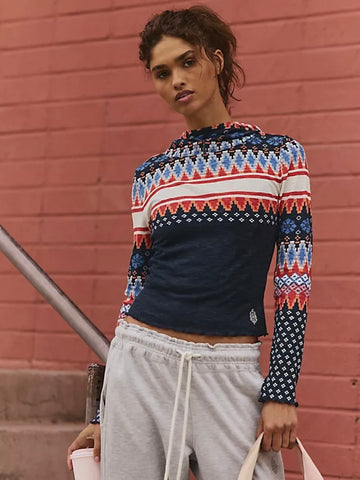 Free People Breathe Easy Printed Layer - Fairisle Navy