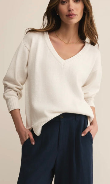 ZSupply All Around Cotton V Neck Sweater - White