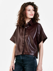 Bess Vegan Leather Button Front Shirt Burgundy