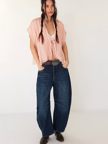 Free People We The Free Good Luck Mid-Rise Barrel Jeans - Deep End