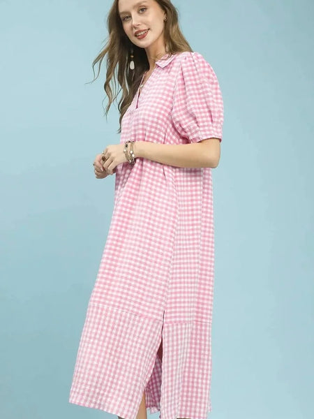 Gingham Check Midi Dress- Pink
