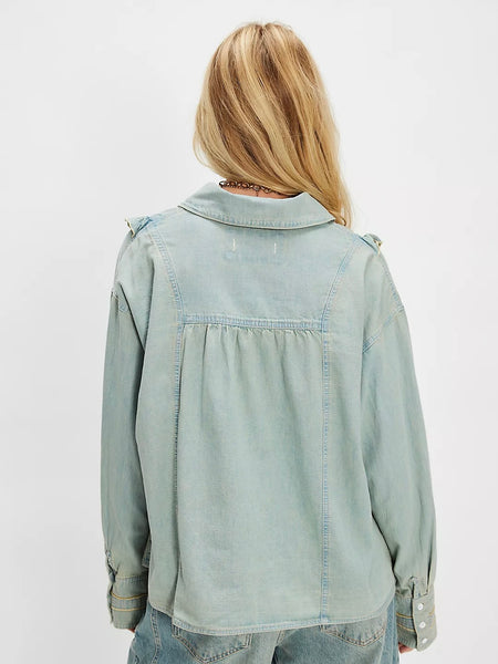 Free People Tattered And Ruffled Denim Top - Vintage Tint Wash