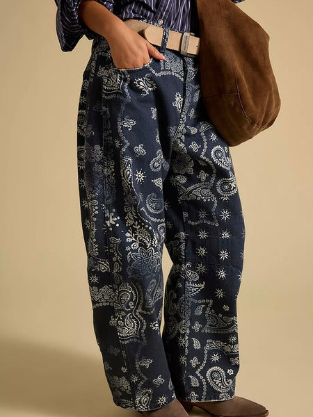 Free People Good Luck Printed Barrel Jeans - Navy Bandana