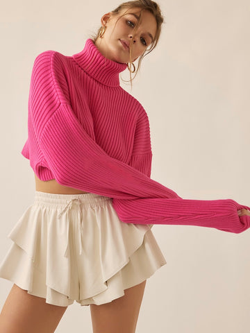 Turtle Neck Loose Fit Crop Sweater - Super Pink