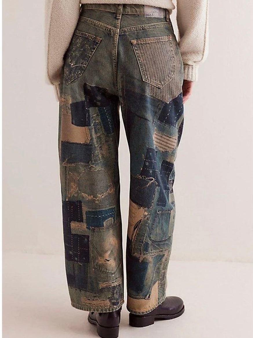 Free People Illusions Printed Relaxed Jeans - Indigo Combo