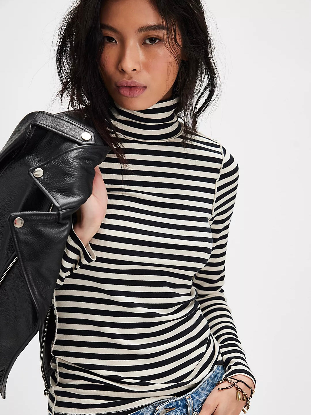 Free People Good Good Stripe Turtleneck - Black Combo