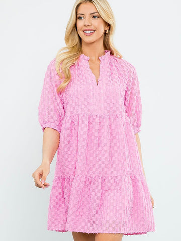 Sheer Checkered Fringe Dress-Pink