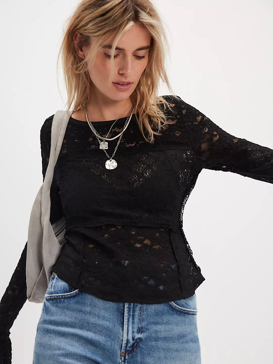 Free People Lace Layering Long Sleeve - Black