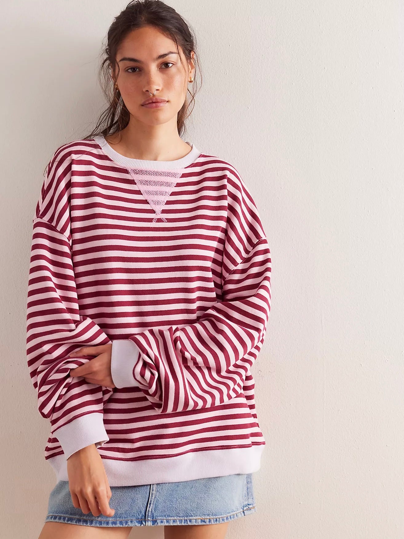 Free People Classic Striped Crewneck- Raspberry Combo