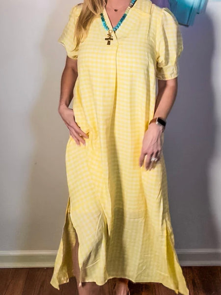 Gingham Check Midi Dress- Yellow