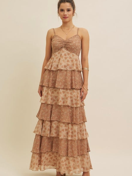 Romantic Floral Tiered Maxi Dress - Clay Multi