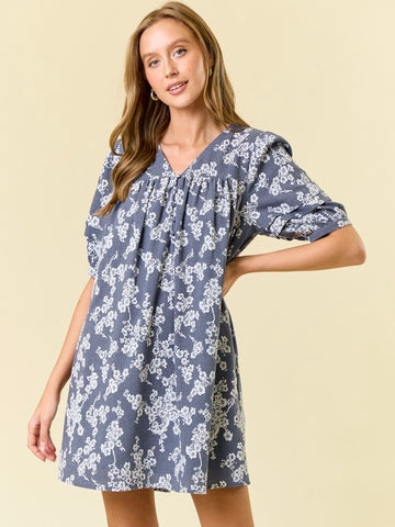 Cotton Floral Half Button Down Mini Dress - Indigo