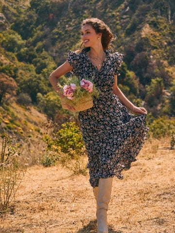 Floral Chiffon Maxi Dress - Black Multi