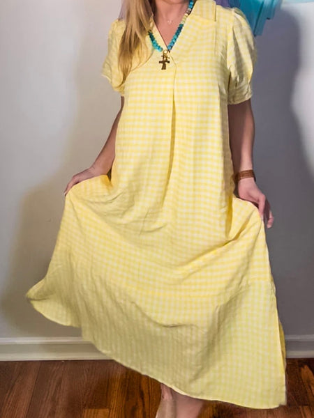 Gingham Check Midi Dress- Yellow