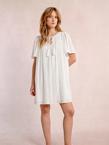Mid-Length Dress with English Embroidery - Offwhite