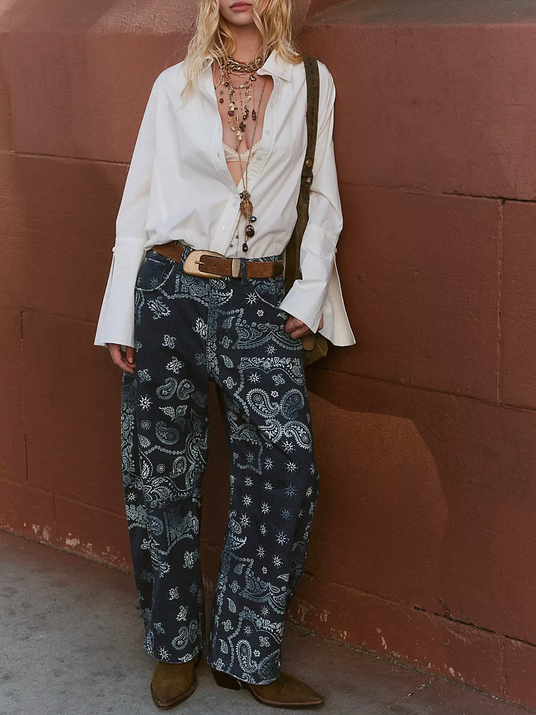 Free People Good Luck Printed Barrel Jeans - Navy Bandana