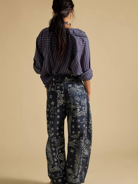 Free People Good Luck Printed Barrel Jeans - Navy Bandana