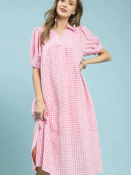 Gingham Check Midi Dress- Pink