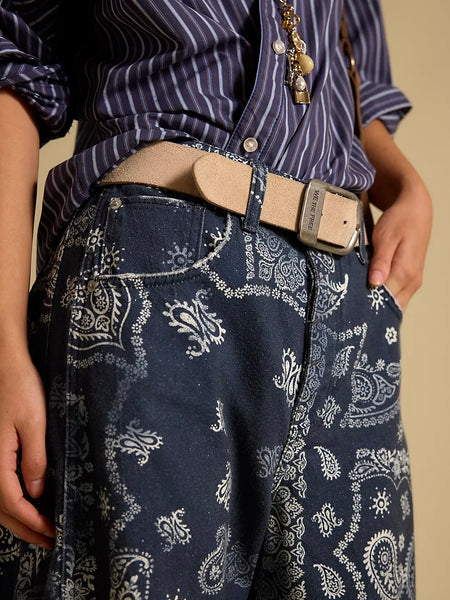 Free People Good Luck Printed Barrel Jeans - Navy Bandana