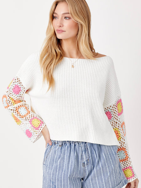 Sweater Knit Top With Crochet Sleeve Detail