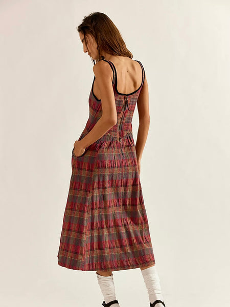Free People Freya Plaid Midi Dress - Cherry Combo