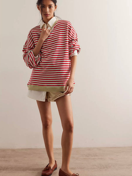 Free People Classic Striped Oversized Crewneck- Cherry Combo