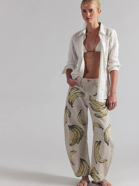 We The Free Good Luck Printed Barrel Jeans- Go Bananas