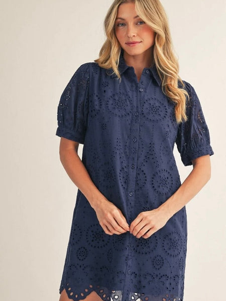Short Sleeve Button Down Eyelet Pattern Dress- Navy
