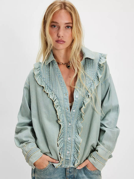 Free People Tattered And Ruffled Denim Top - Vintage Tint Wash