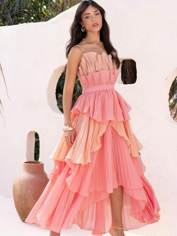 Pleated Layered Ruffle Long Dress - Coral Multi