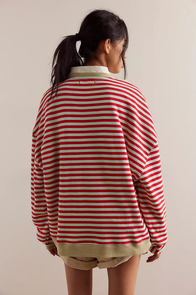 Free People Classic Striped Oversized Crewneck- Cherry Combo