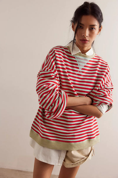 Free People Classic Striped Oversized Crewneck- Cherry Combo