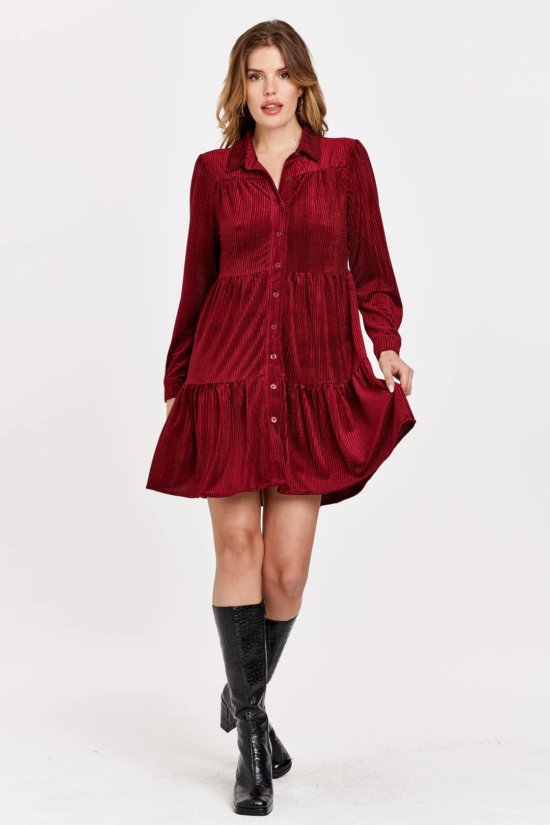 Katie Button Front Dress Razzle Red Velvet