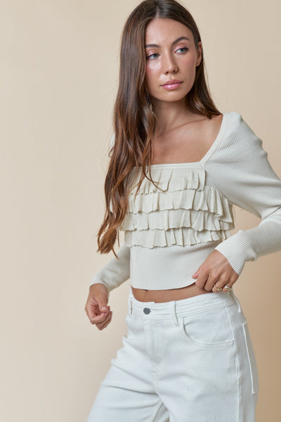 Ruffle Detail Square Neck Sweater Top