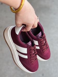 Navida Lace-Up Low-Top Platform Sneakers- Burgundy