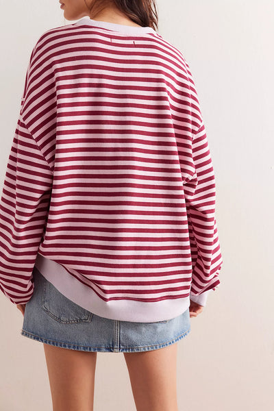 Free People Classic Striped Crewneck- Raspberry Combo