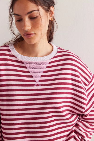 Free People Classic Striped Crewneck- Raspberry Combo